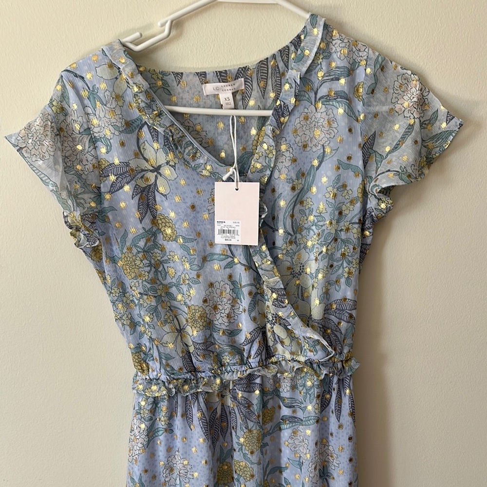 LC Lauren Conrad Light Blue Floral Wrap Dress with Gold Accents